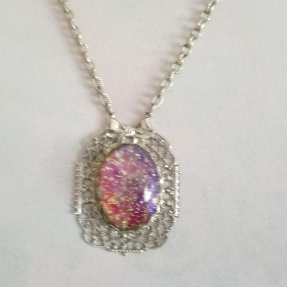 Relisted -Vintage glass dragon breath faux opal Art Deco silver tone bow - Picture 13 of 16